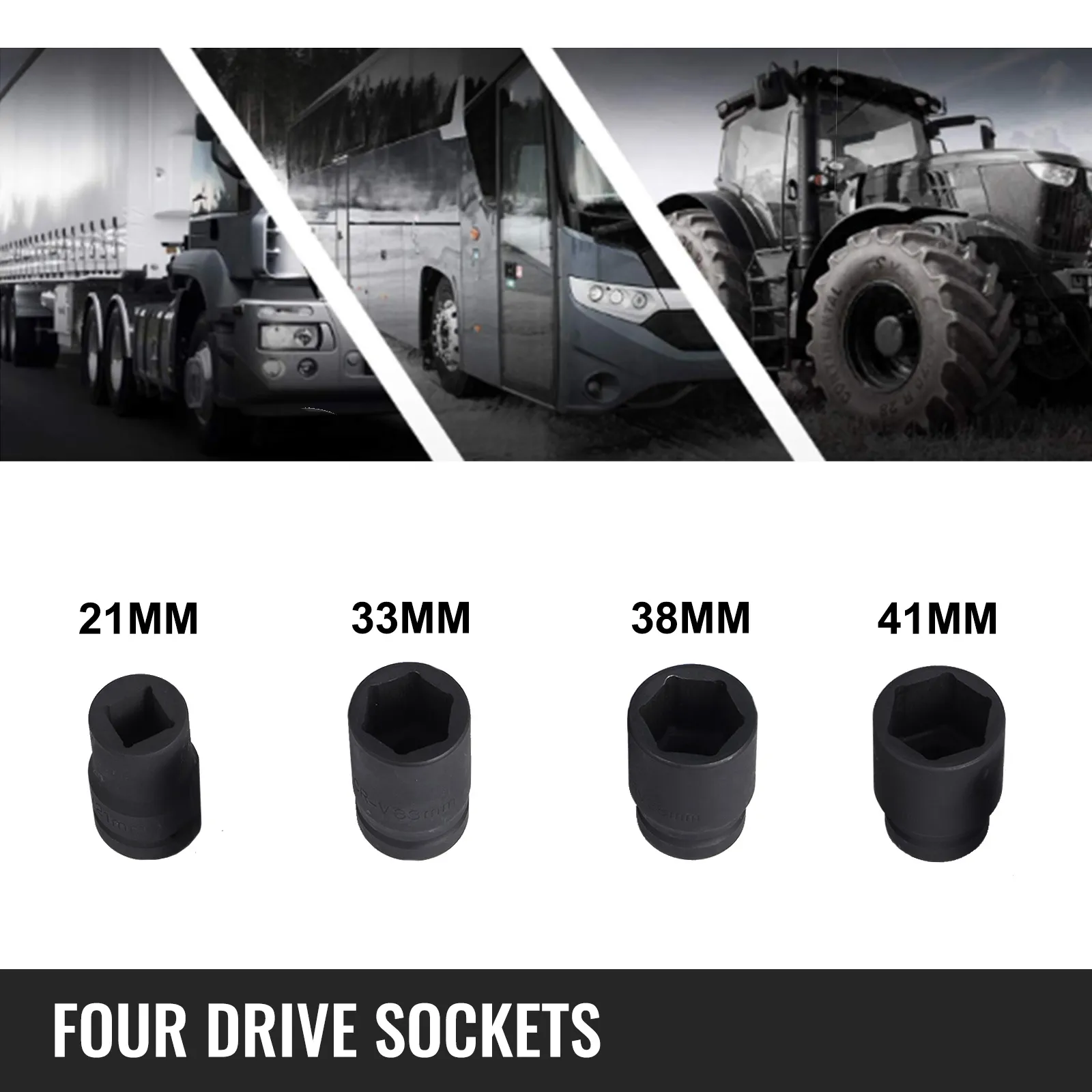 Dados multiplicadores de torsión VEVOR en tamaños de 21 mm, 33 mm, 38 mm y 41 mm.