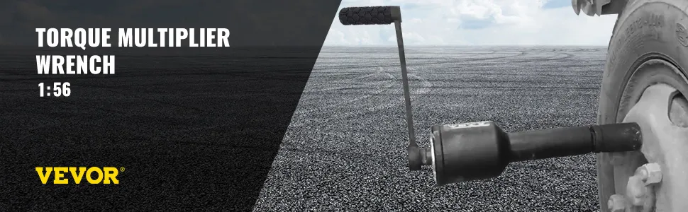 VEVOR torque multiplier wrench, 1:56 ratio, loosening a tire on an asphalt surface.