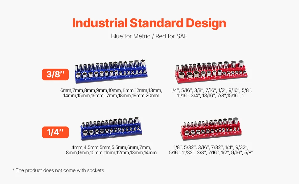 Magnetic Socket Organizer Set 4PCS Socket Trays Blue & Red for Metric SAE