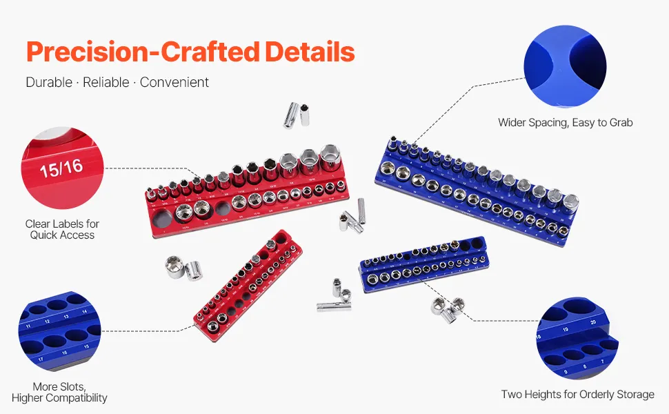 Magnetic Socket Organizer Set 4PCS Socket Trays Blue & Red for Metric SAE