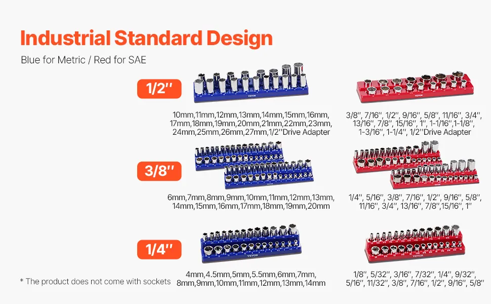 Magnetic Socket Organizer Set 8PCS Socket Trays Blue & Red for Metric SAE
