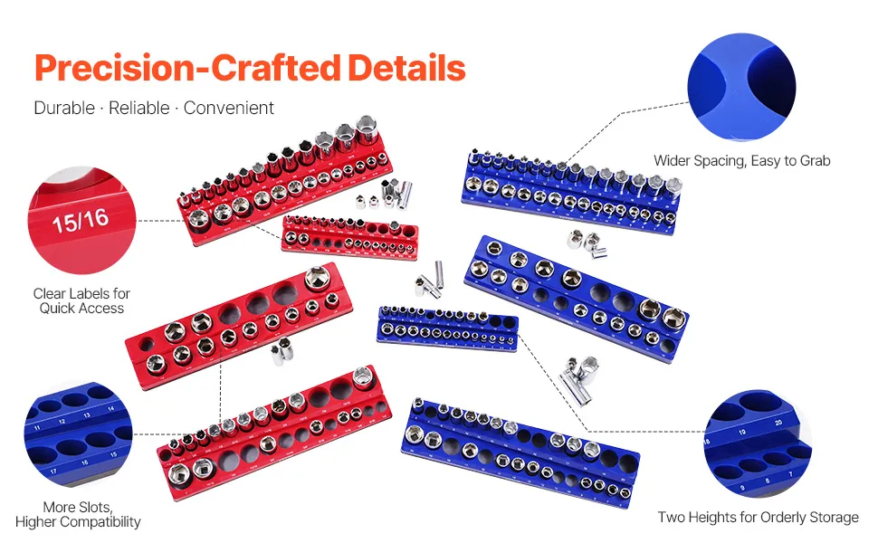 Magnetic Socket Organizer Set 8PCS Socket Trays Blue & Red for Metric SAE