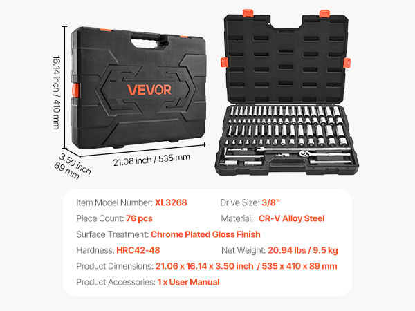 VEVOR 3/8 Ratchet and Socket Set – 76 Piece, HRC42-48