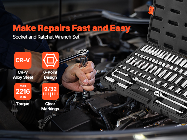 VEVOR 3/8 Ratchet and Socket Set – 76 Piece, HRC42-48