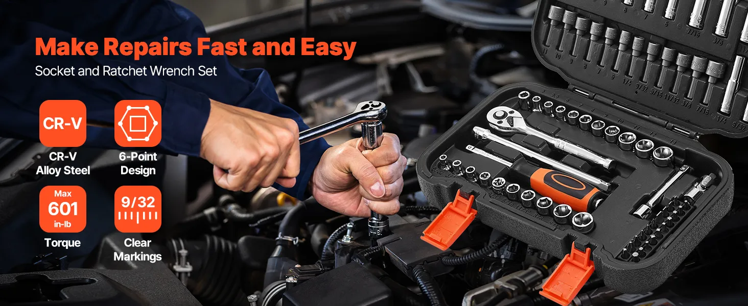 VEVOR Socket Set, 70 Pieces, 1/4 inch Drive Socket and Ratchet Set, SAE and Metric, Deep and Shallow, Mechanic Tool Kit with Bits, Accessories and Storage Case, CR-V Alloy Steel, for Automotive Repair