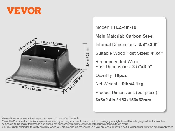 VEVOR post base 4x4, carbon steel, model ttlz-4in-10, internal dimensions 3.6"x3.6", quantity 10.