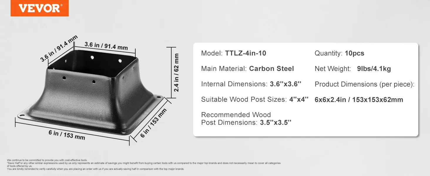 VEVOR post base 4x4, carbon steel, model ttlz-4in-10, internal dimensions 3.6"x3.6", quantity 10.