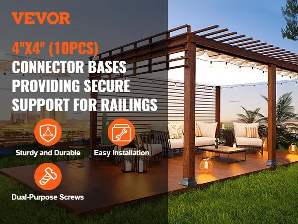 VEVOR post base 4x4 providing secure support for railings, shown on an illuminated patio pergola.