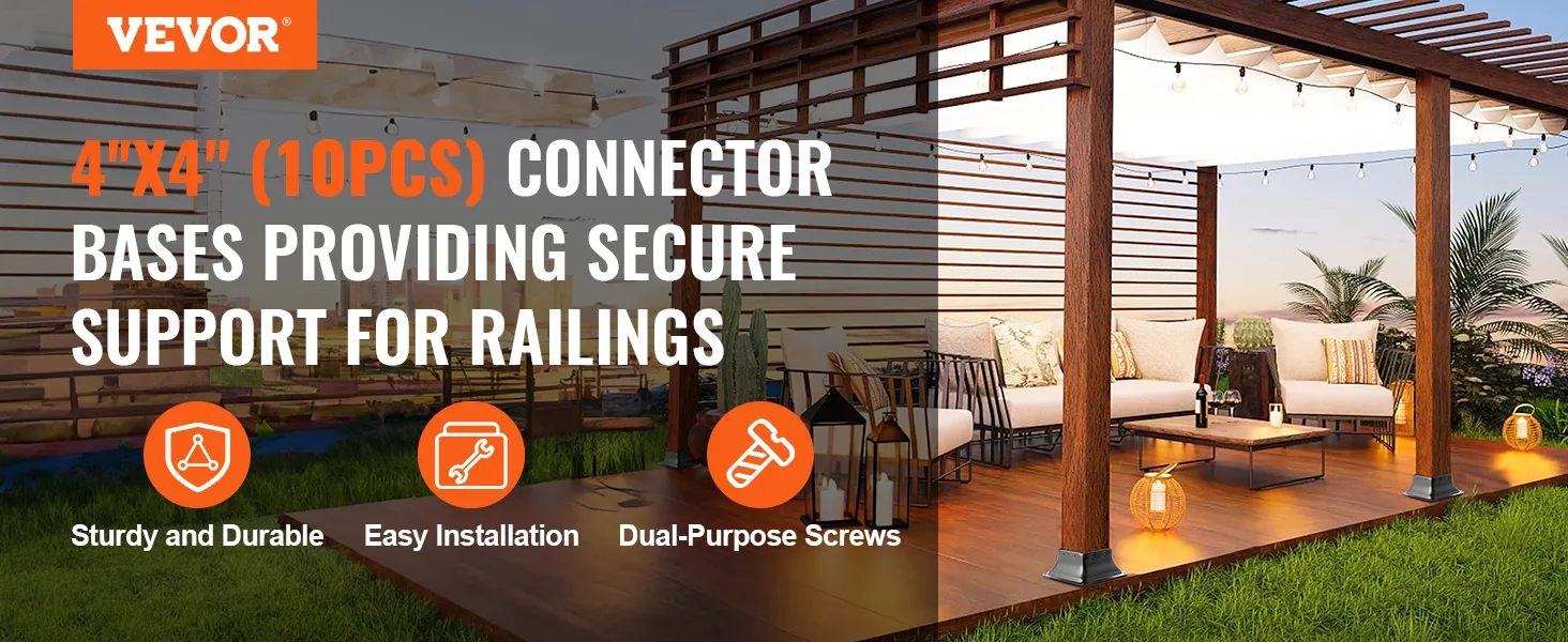 VEVOR post base 4x4 providing secure support for railings, shown on an illuminated patio pergola.
