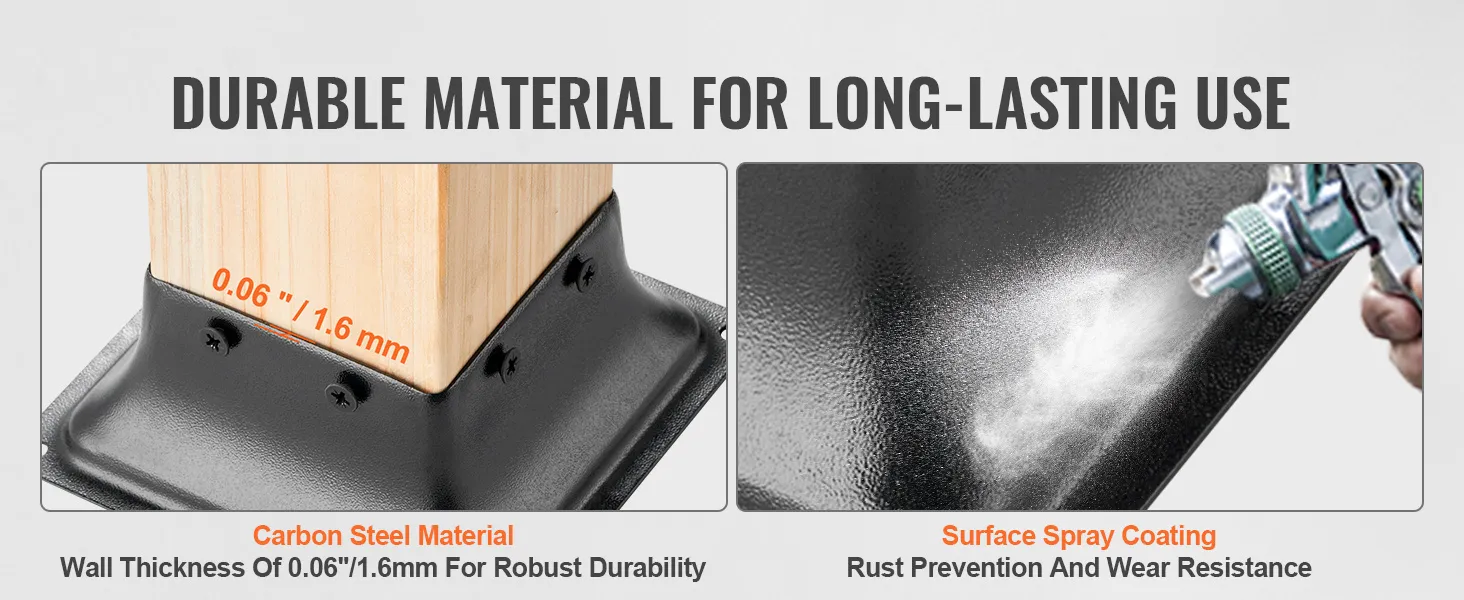 VEVOR post base 4x4, carbon steel material, surface spray coating, rust prevention, wear resistance.