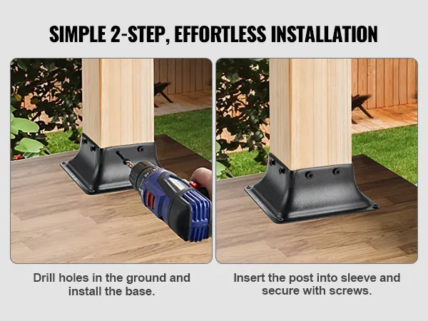 simple installation of VEVOR post base 4x4 with drill and screws on a wooden surface in a garden.