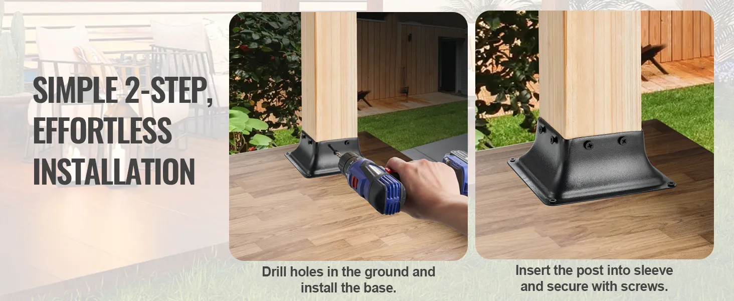 simple installation of VEVOR post base 4x4 with drill and screws on a wooden surface in a garden.