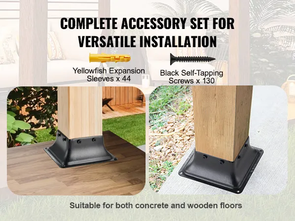 VEVOR post base 4x4 set with yellowfish expansion sleeves and black self-tapping screws for versatile installation.