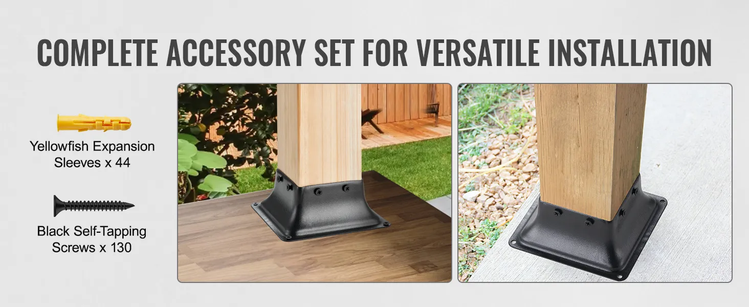 VEVOR post base 4x4 set with yellowfish expansion sleeves and black self-tapping screws for versatile installation.