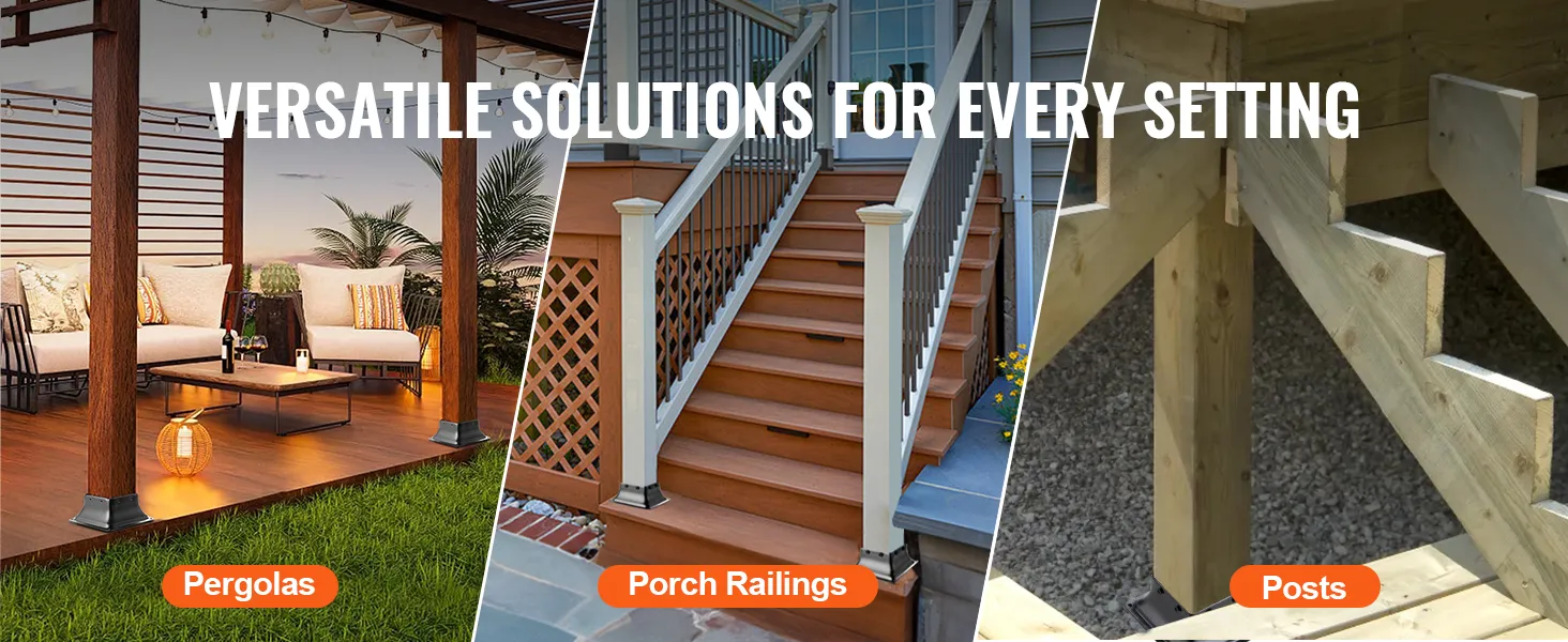 VEVOR 4x4 post base showcasing pergolas, porch railings, and wood posts with versatile solutions.