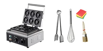 VEVOR Waffel-Donut-Maschine mit Zubehör: Zange, Schneebesen, Bürsten und Reinigungspads.