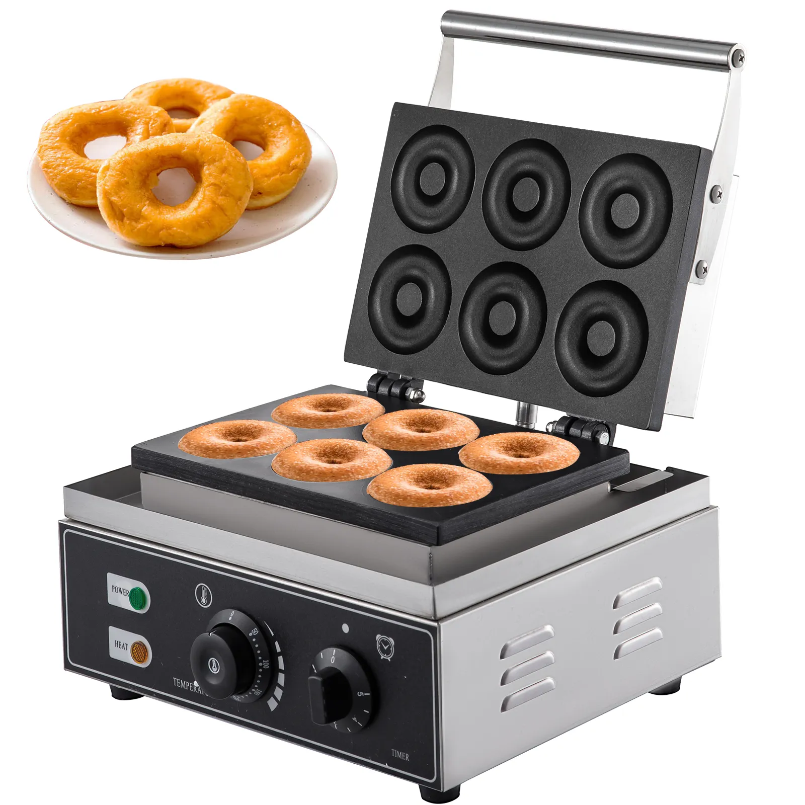 VEVOR Waffel-Donut-Maschine mit sechs frisch gemachten Donuts und einem Teller Donuts.