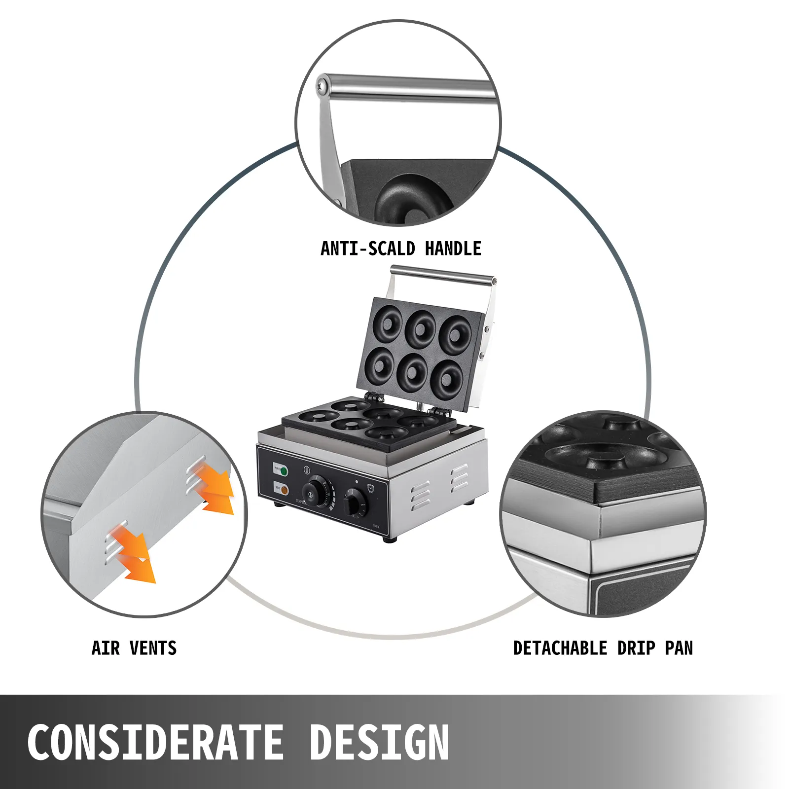 VEVOR Waffel-Donut-Maschine mit Verbrühschutzgriff, Luftschlitzen und abnehmbarer Auffangschale.