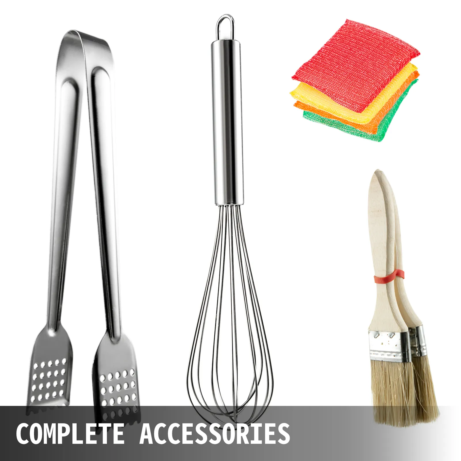 Zangen, Schneebesen, Scheuerschwämme und Bürsten – komplettes Zubehör für die VEVOR Waffel-Donut-Maschine.