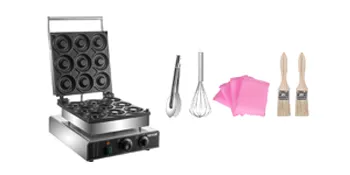 Máquina eléctrica para hacer donuts VEVOR con batidores, cepillos y paños de limpieza en exhibición.