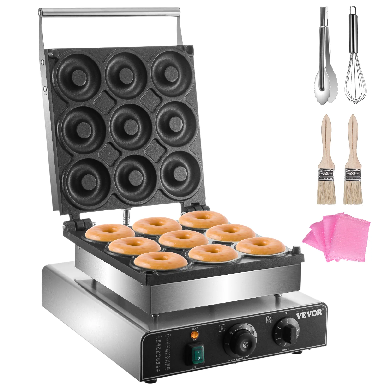 Máquina eléctrica para hacer donuts VEVOR con donuts cocidos, utensilios, cepillos y paños rosas.