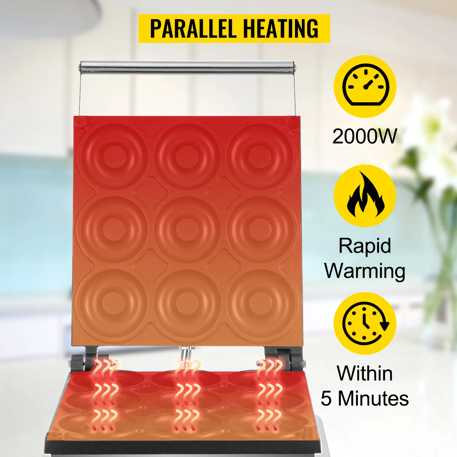 La máquina para hacer donuts eléctrica VEVOR cuenta con calentamiento paralelo y calentamiento rápido a 2000 W en 5 minutos.