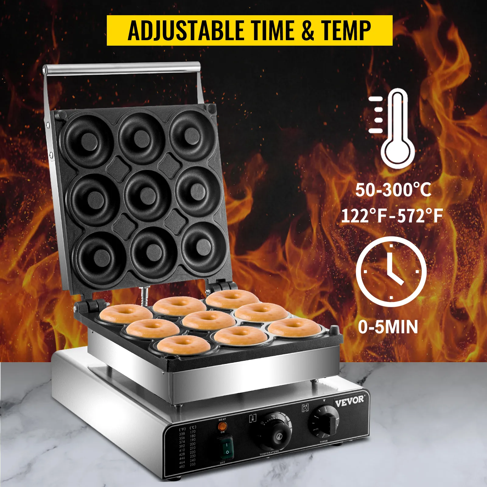 Máquina para hacer donuts eléctrica VEVOR con 9 moldes, configuraciones de tiempo y temperatura ajustables.