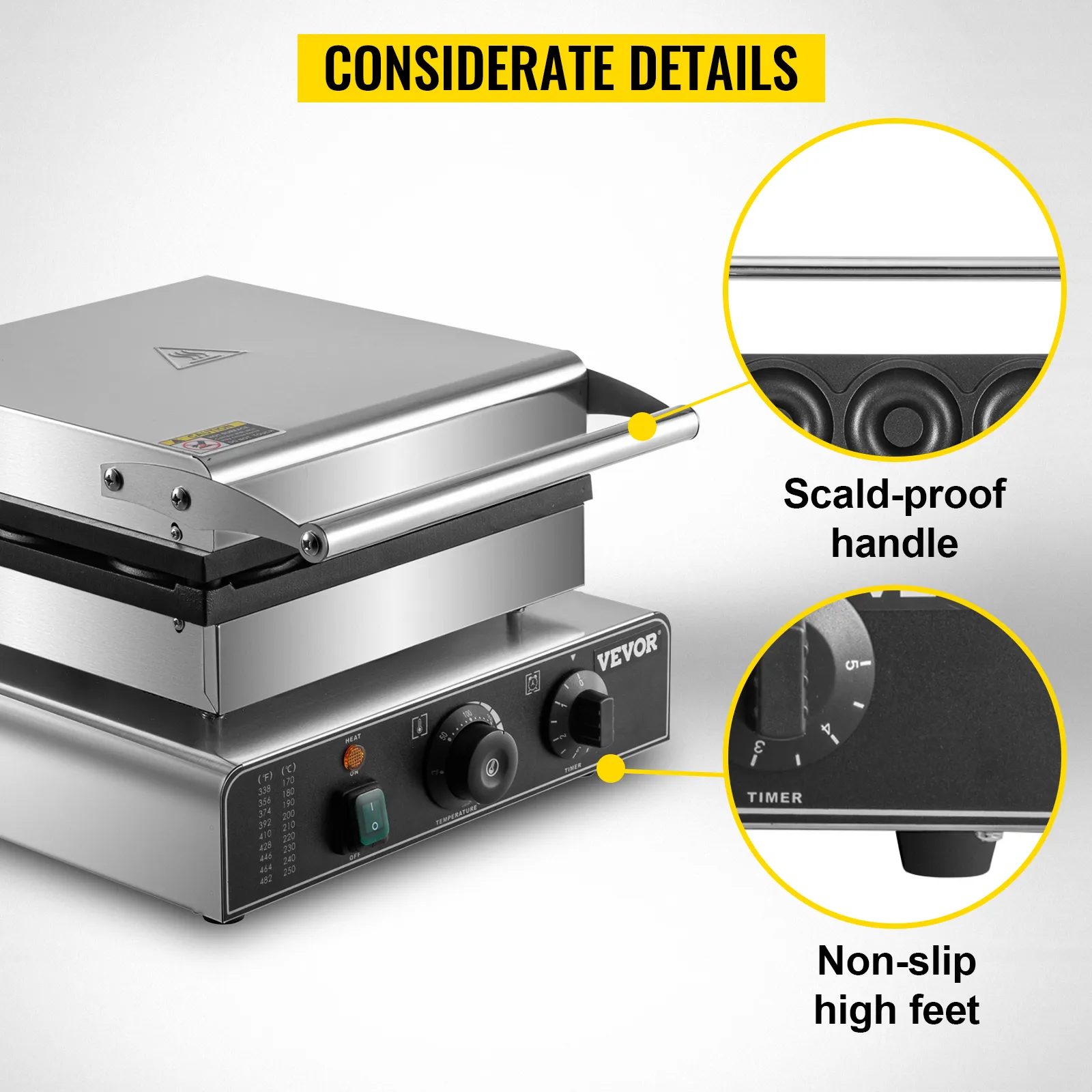 Máquina eléctrica para hacer donuts VEVOR con mango antiescaldaduras y patas altas antideslizantes.