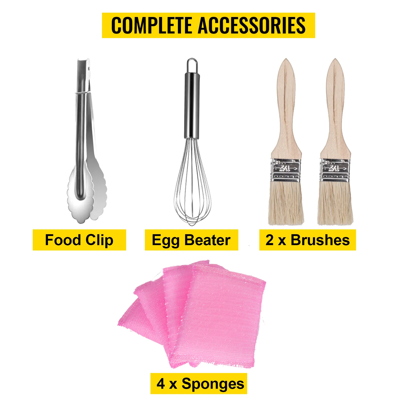 Accesorios completos para máquina eléctrica para hacer donuts VEVOR: pinza para alimentos, batidor de huevos, cepillos, esponjas.