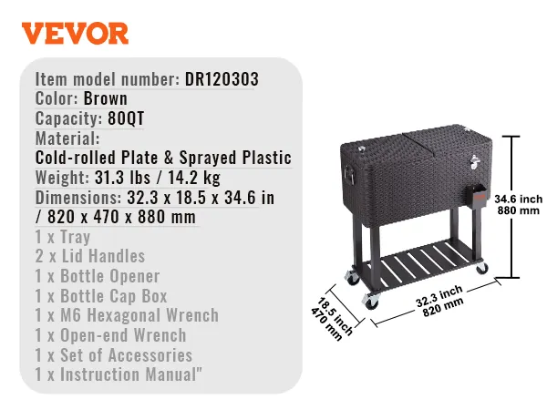VEVOR Kühlbox mit Rollen in Braun mit 80 qt Fassungsvermögen, kaltgewalzter Platte und besprühtem Kunststoff, 14,2 kg.