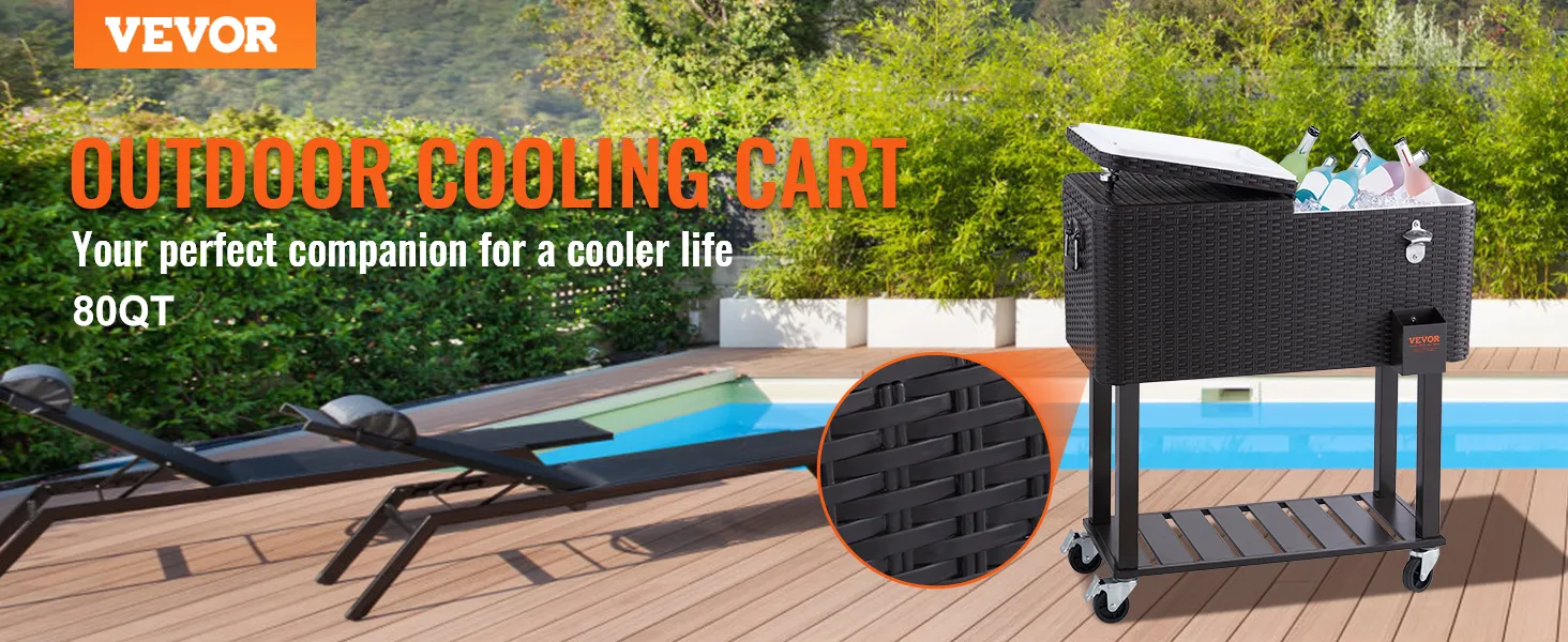 Rollbare Kühlbox von VEVOR für den Pool, gefüllt mit Getränken, ideal für Kühlbedürfnisse im Freien.