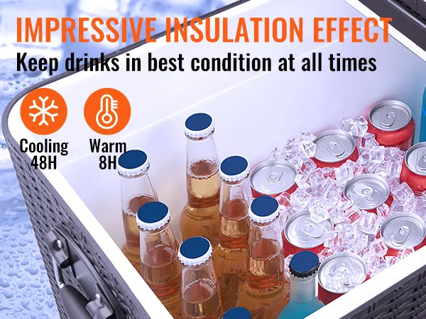 Die rollende Kühlbox von VEVOR ist mit Getränken und Eis gefüllt und zeigt ihre beeindruckende Isolierwirkung.