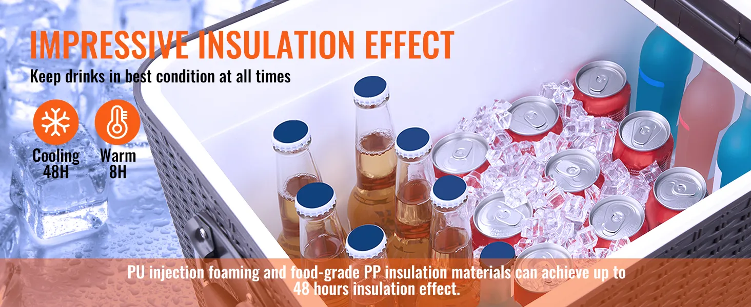 Die rollende Kühlbox von VEVOR ist mit Getränken und Eis gefüllt und zeigt ihre beeindruckende Isolierwirkung.