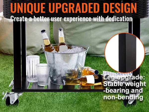 Rollbare Kühlbox von VEVOR mit verbesserten, stabilen Beinen, Flaschen im Eiskübel und Gläsern auf dem Regal.