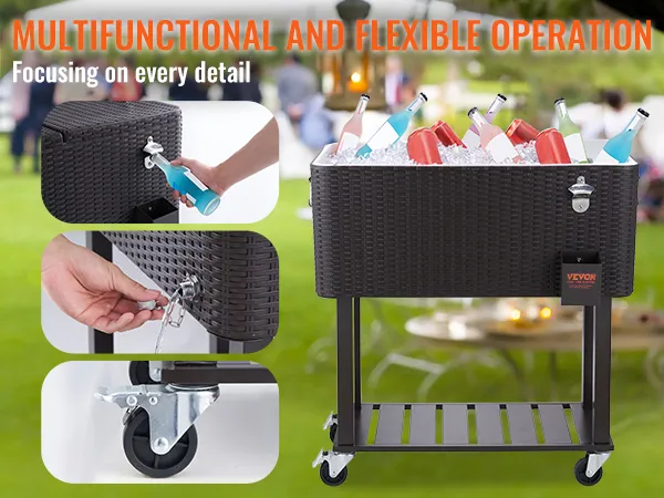 Rollbare Kühlbox von VEVOR mit Flaschenöffner, Ablassschraube und 360°-Rollen für reibungslosen Betrieb.