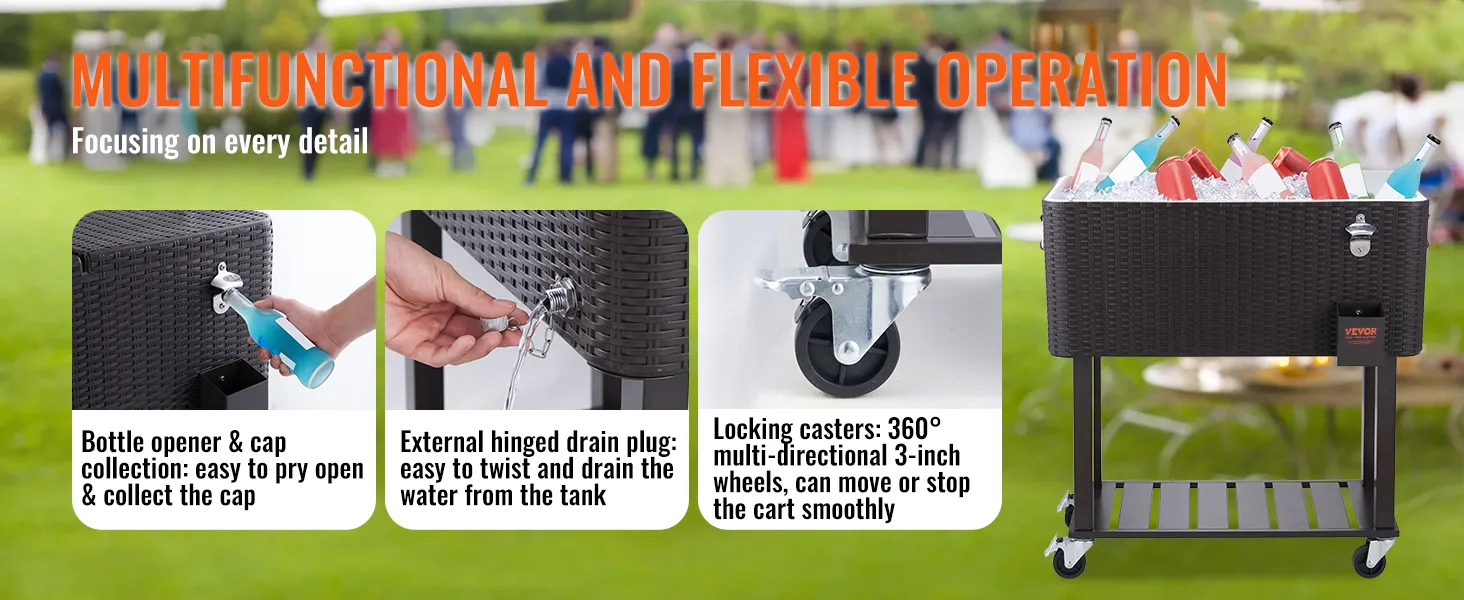 Rollbare Kühlbox von VEVOR mit Flaschenöffner, Ablassschraube und 360°-Rollen für reibungslosen Betrieb.
