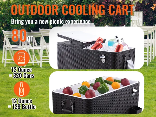 VEVOR Kühlbox auf Rollen, 80 qt, Kühlwagen für den Außenbereich, gefüllt mit Getränken und Gemüse, ideal für Picknicks.