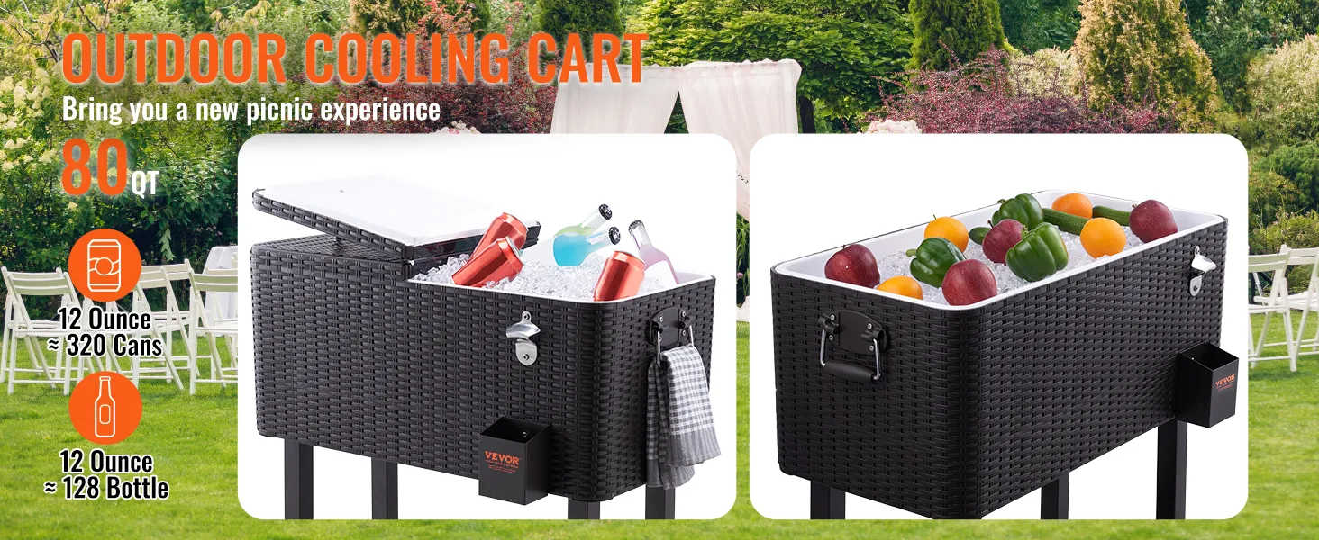 VEVOR Kühlbox auf Rollen, 80 qt, Kühlwagen für den Außenbereich, gefüllt mit Getränken und Gemüse, ideal für Picknicks.
