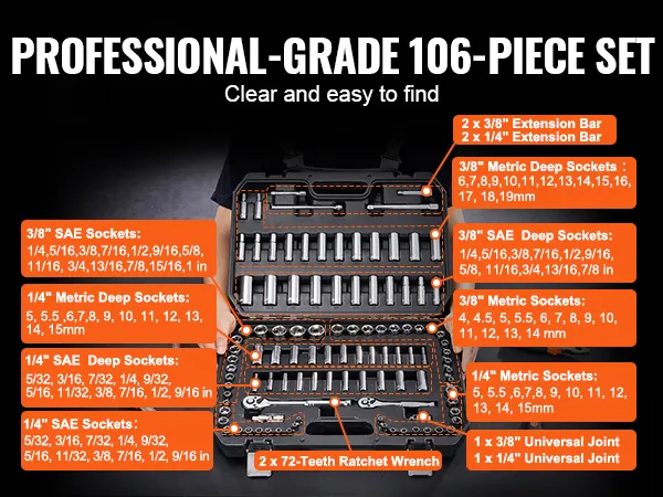 Juego de vasos VEVOR de 106 piezas de calidad profesional con tamaños y componentes resaltados en un estuche negro.