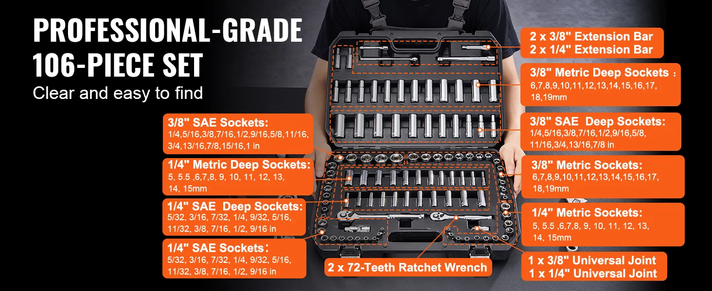 Juego de vasos VEVOR de 106 piezas de calidad profesional con tamaños y componentes resaltados en un estuche negro.