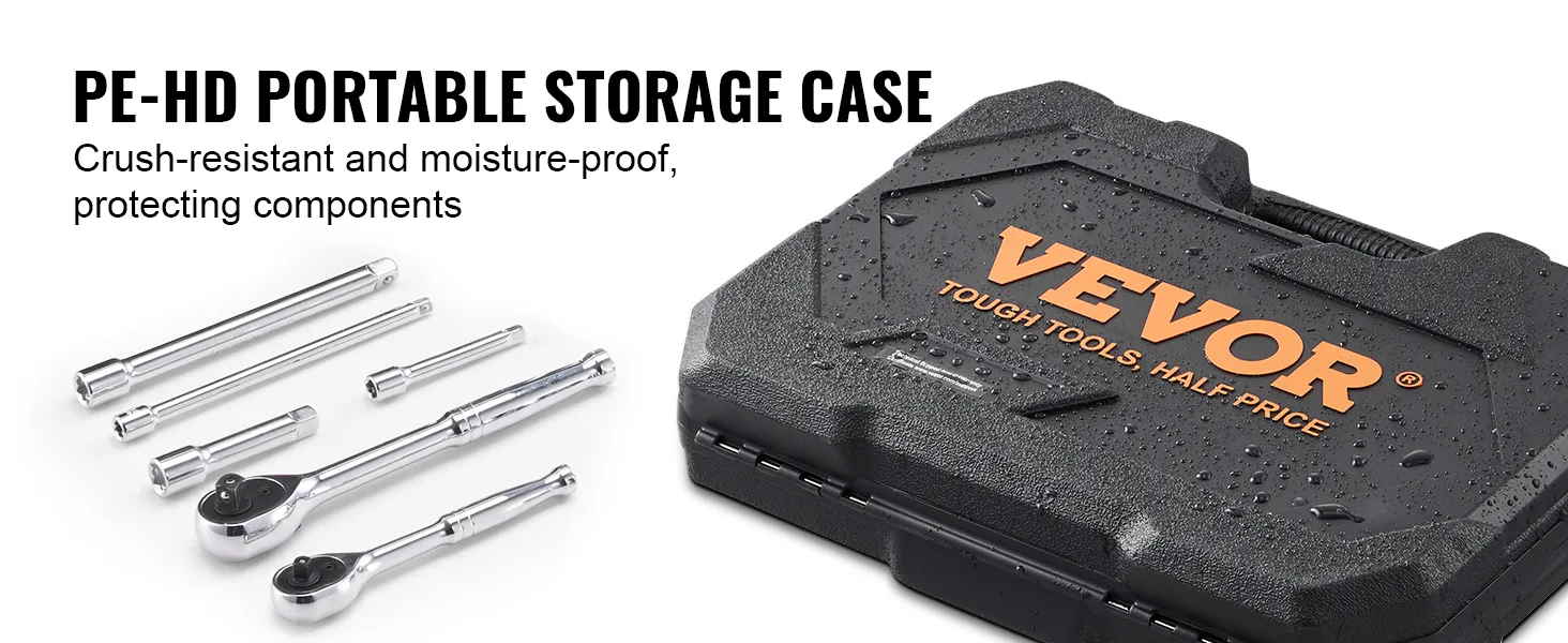 Juego de llaves de vaso VEVOR en estuche de almacenamiento portátil de PE-HD, resistente al aplastamiento y a la humedad con herramientas.