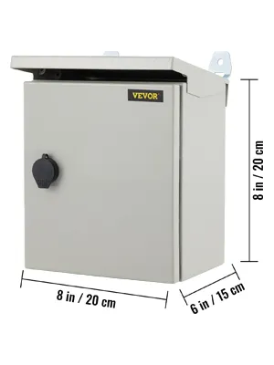 Caja eléctrica VEVOR, 8x6x8 pulgadas, montaje en pared, metal, gris, con entrada de cables y puerta con cerradura.