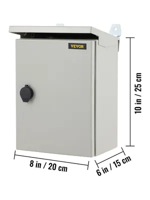 Caja eléctrica VEVOR, 10 x 8 x 6 pulgadas, con cerradura, metal gris claro, montable en pared.