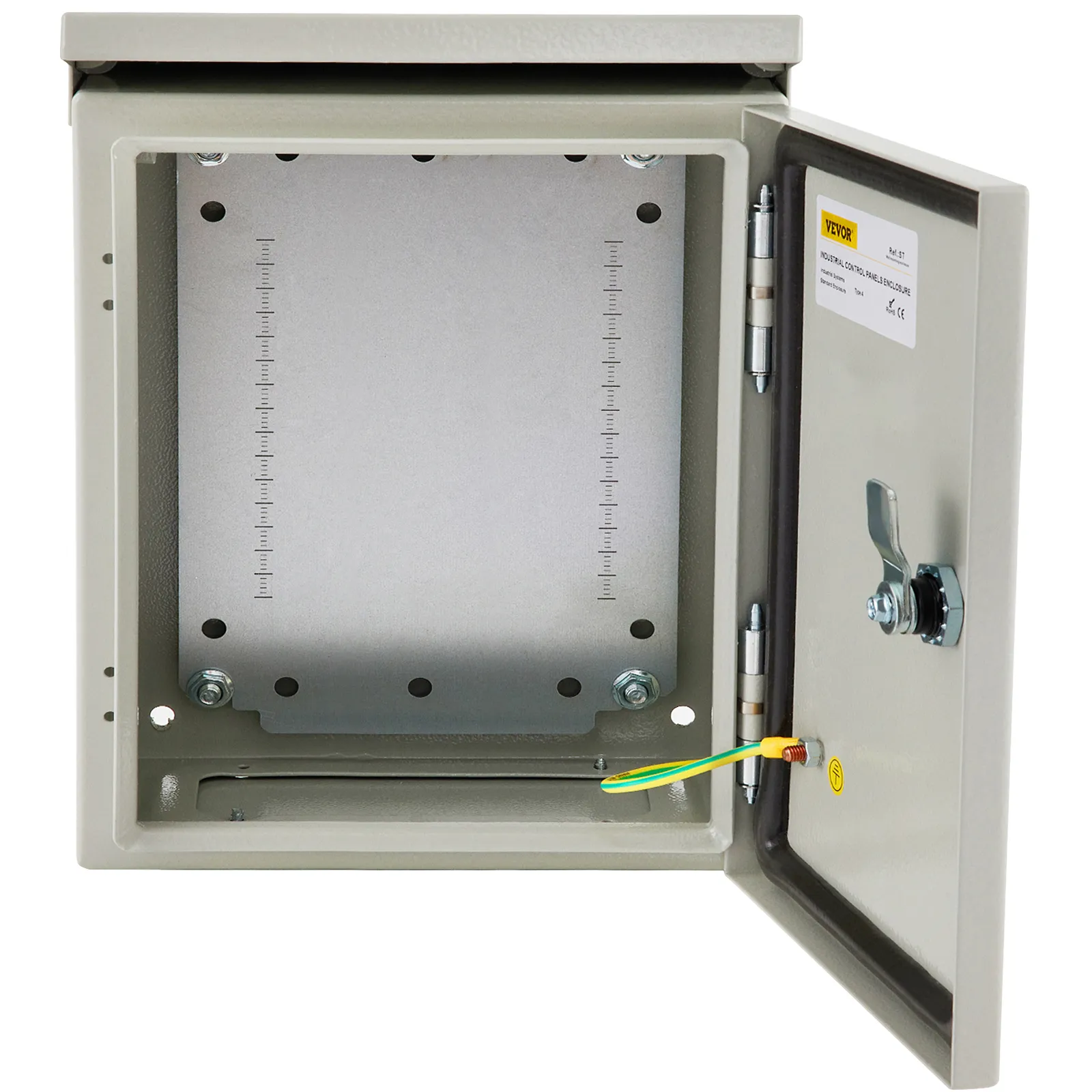 Gabinete eléctrico VEVOR con puerta abierta que muestra orificios de montaje y cable de tierra en el interior.