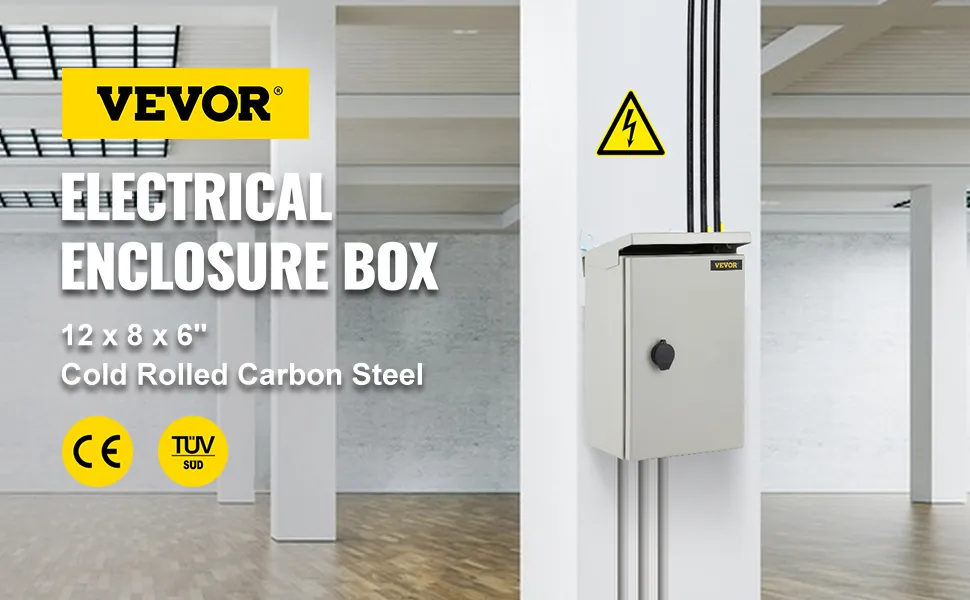 Caja de protección eléctrica VEVOR, de acero al carbono laminado en frío, de 12 x 8 x 6, instalada en una pared con cables.