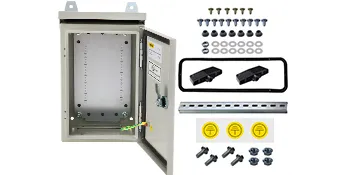 Gabinete eléctrico VEVOR con hardware de montaje, juntas y tornillos, puerta abierta que muestra el diseño interno.