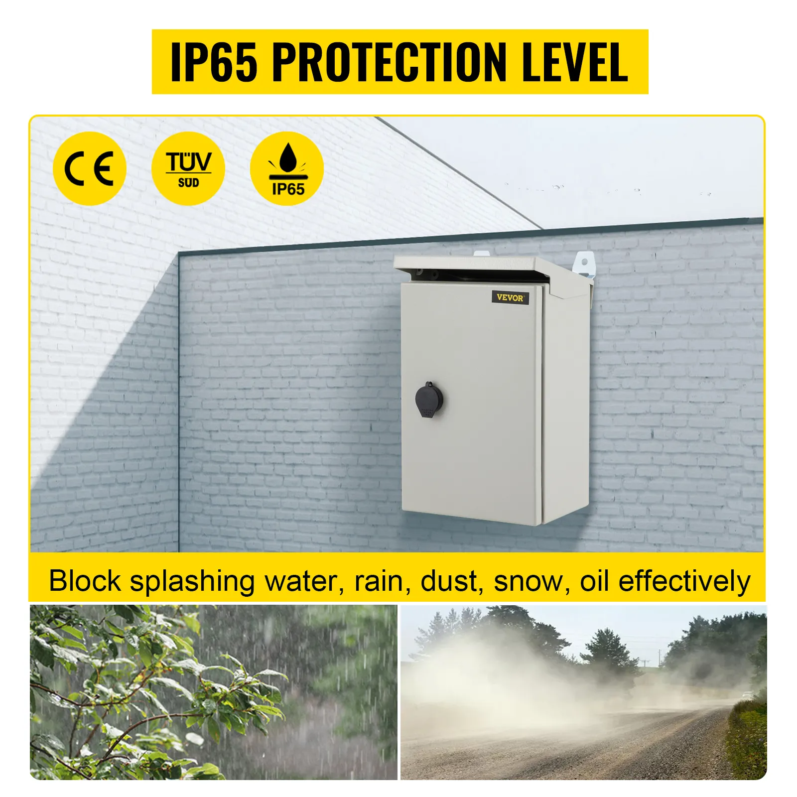 Caja eléctrica VEVOR con protección ip65 contra agua, polvo, nieve y aceite, montada en pared.