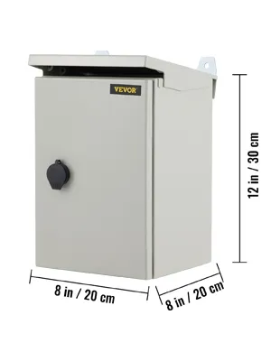 Caja eléctrica VEVOR, 12 x 8 pulgadas, montaje en pared, gris, con puerta con cerradura y diseño resistente al agua.