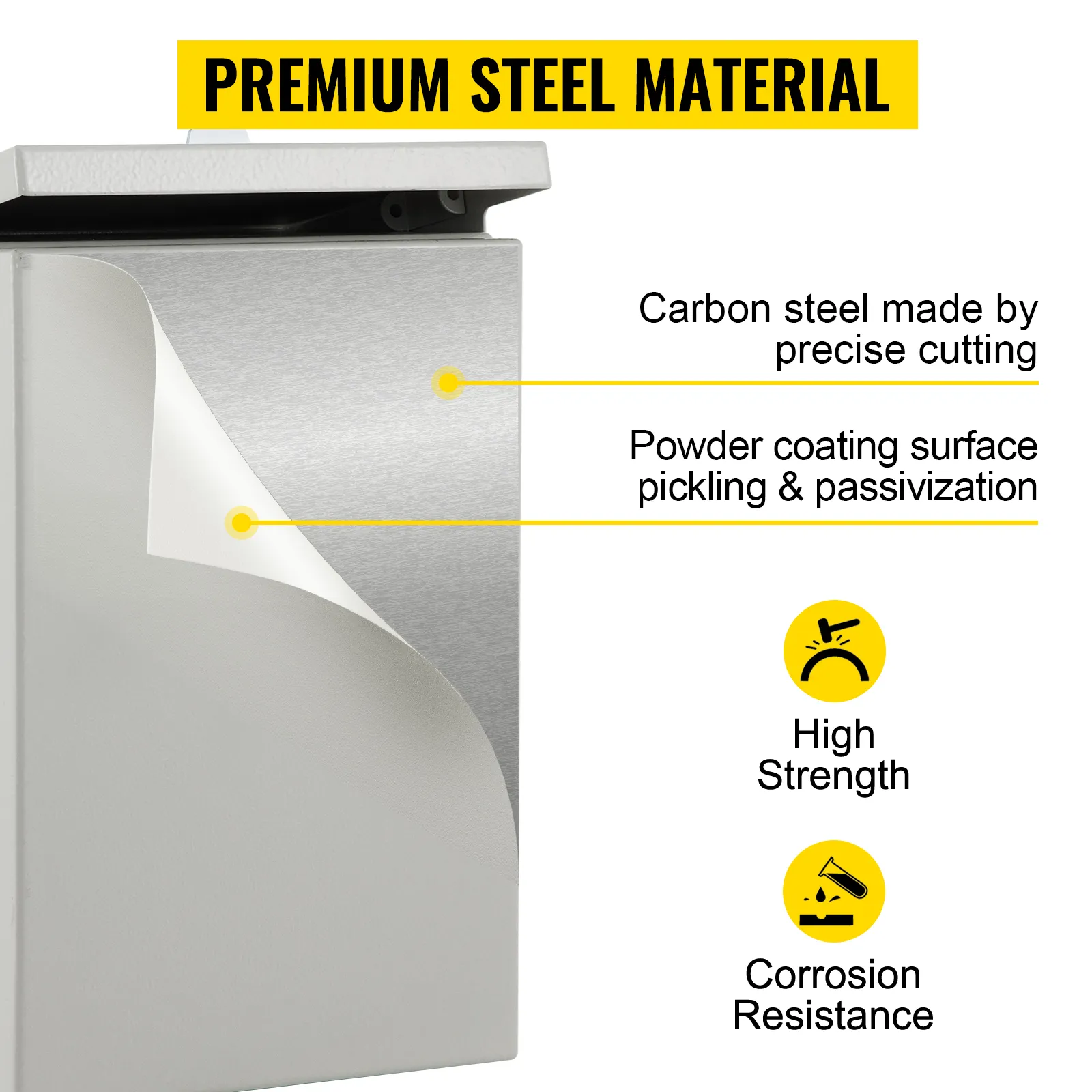Caja eléctrica VEVOR que presenta acero de primera calidad, corte preciso, recubrimiento en polvo, alta resistencia y resistencia a la corrosión.