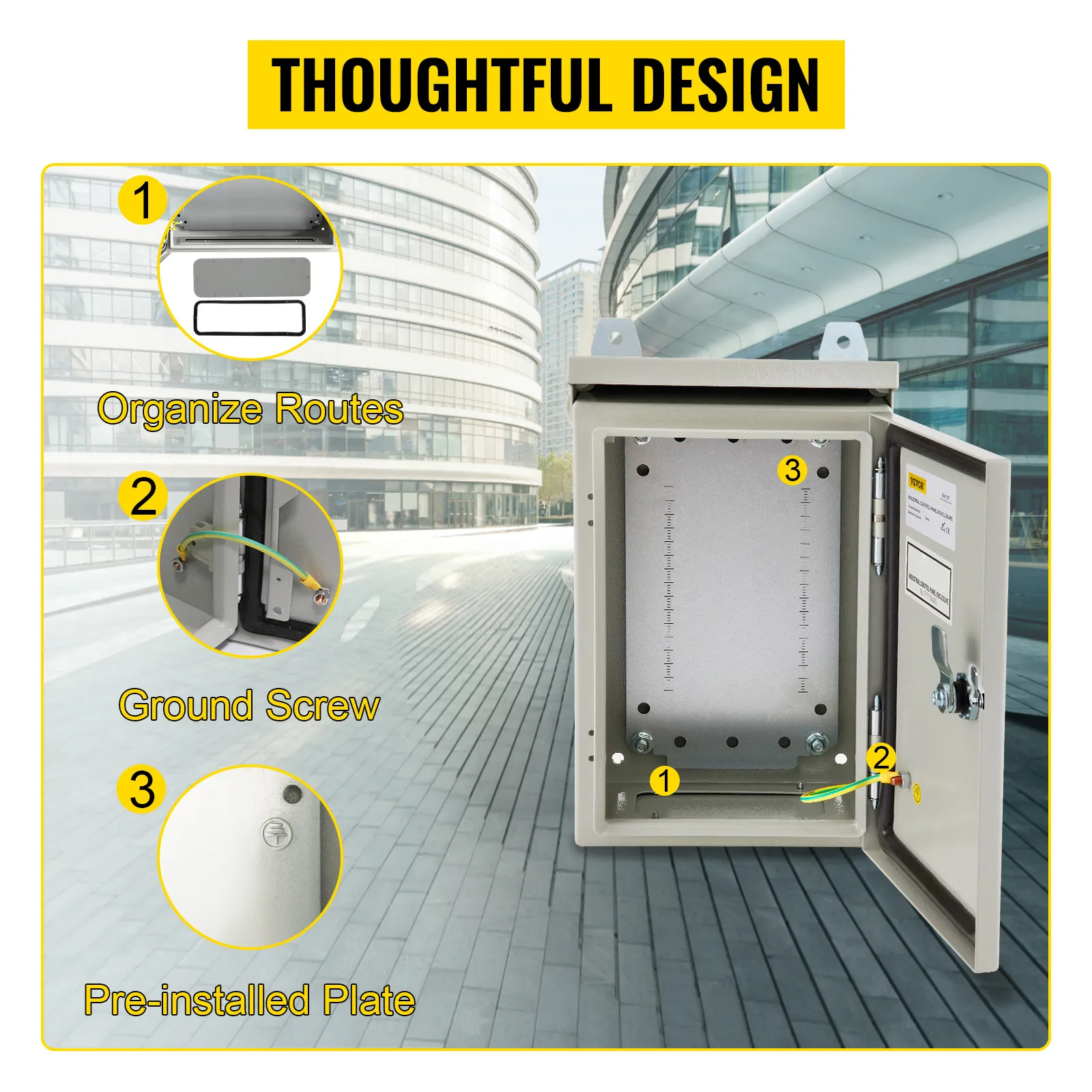 Armario eléctrico VEVOR con rutas organizadas, tornillo de tierra y placa preinstalada en entorno moderno.